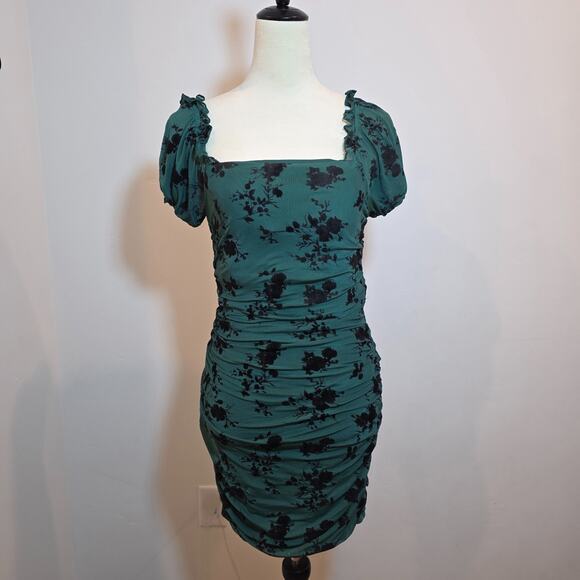 Dear Moon Womens Green Velvet Burnout Floral Bodycon Dress Small Ruched Fairy - Picture 1 of 7